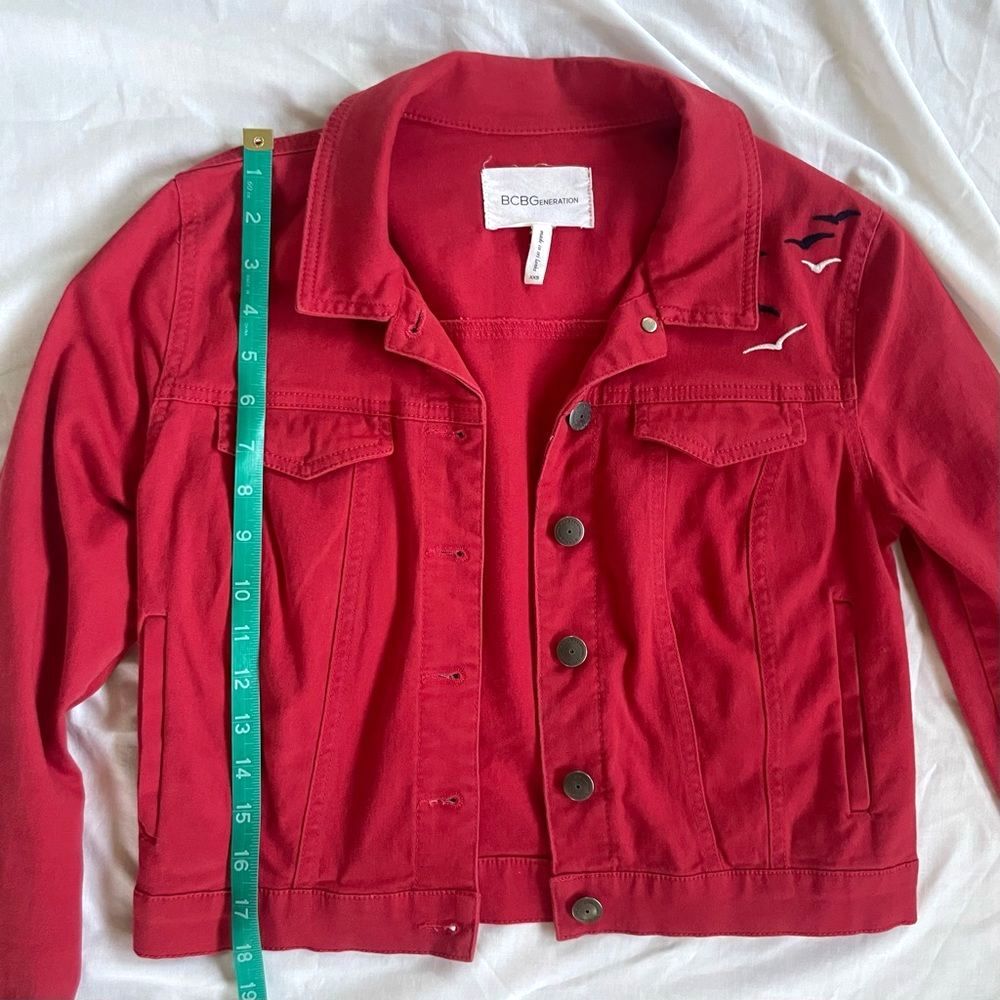 Cropped Denim Jacket Red Soft Cotton Lightweight Utility Embroidered Birds XXS - Picture 12 of 12